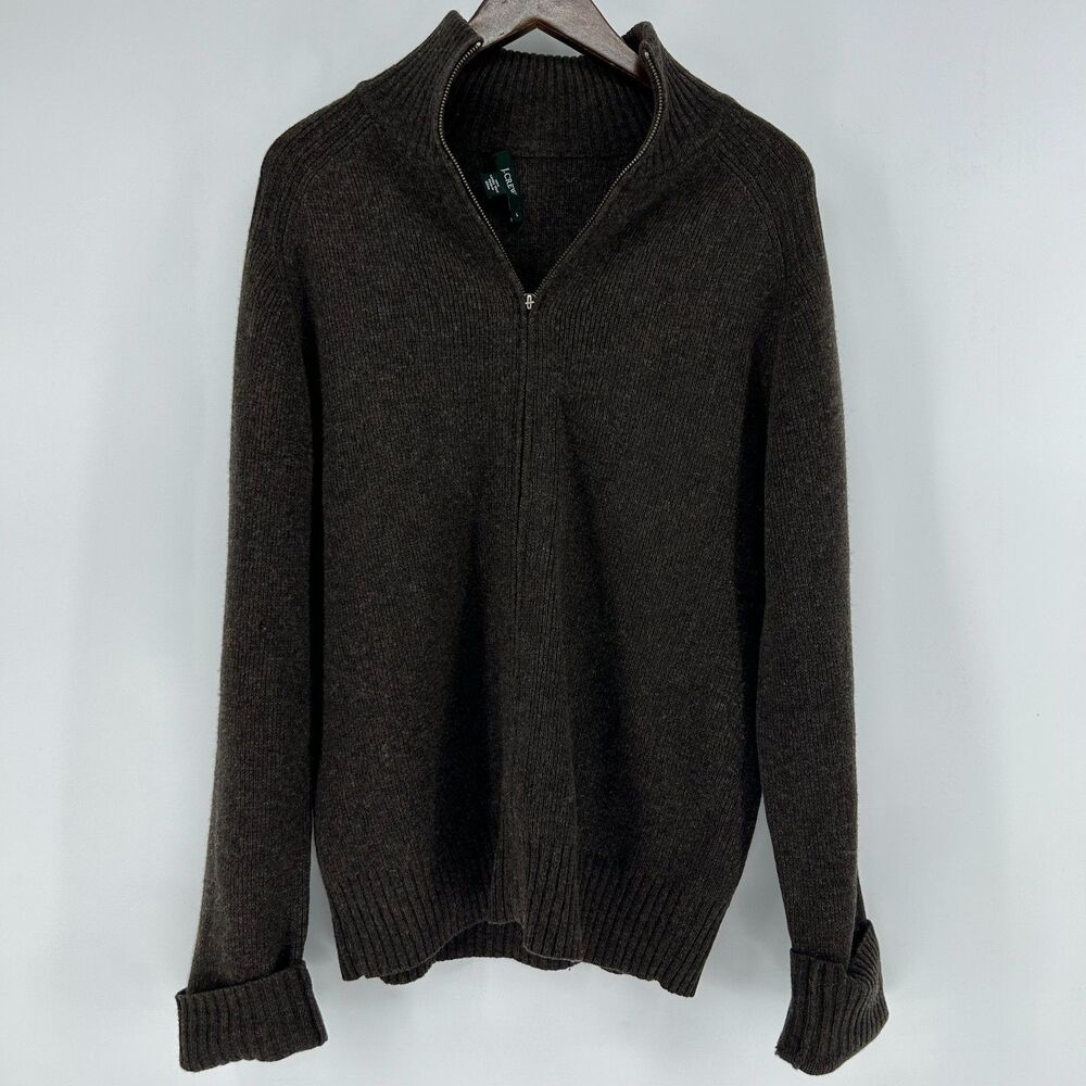 J.Crew 100% Lambswool Full Zip Cardigan Woman's L Brown Chunky Sweater Granny